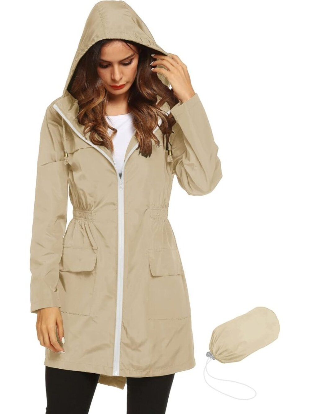 Women Camel Solid Packable Hooded Active Lightweight Waterproof Trench Rain Coat